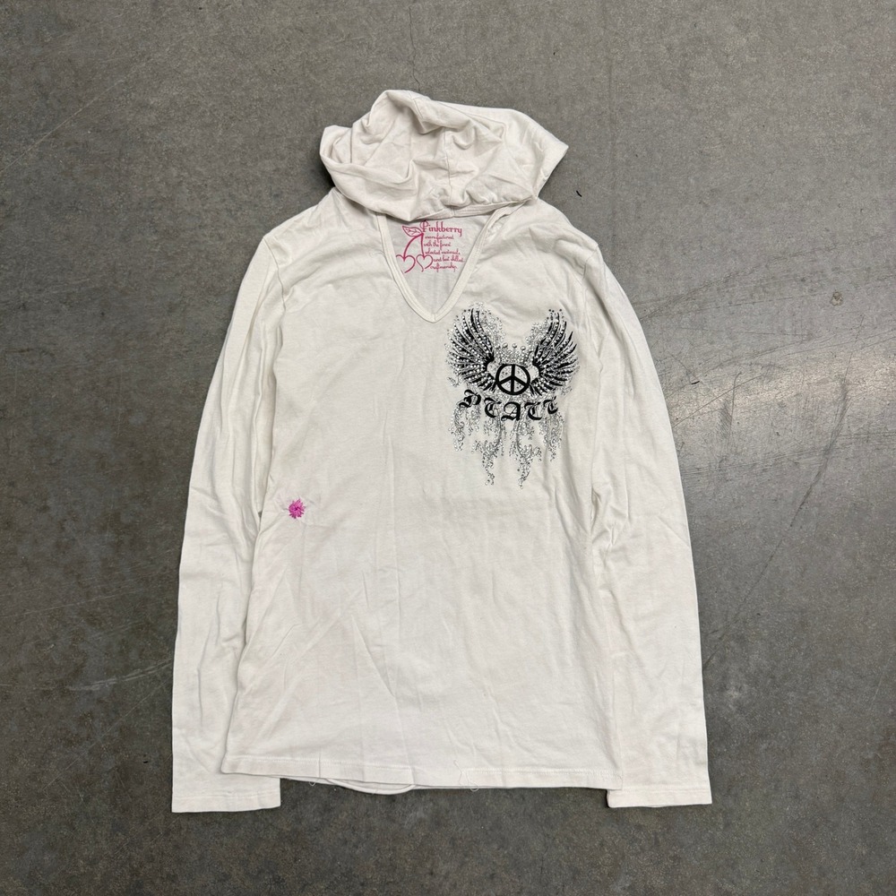 Pinkberry Y2K Rhinestone Peace Wing Hooded Top White Blue Roses‎ McBling L